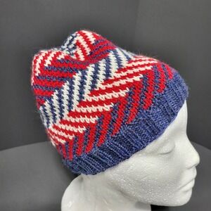 Kids Knit Beanie Hat Red White Blue‎ Zigzag Pattern Winter Warm